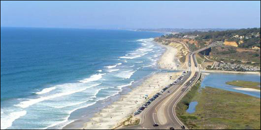 Looking down on I-5 and the Del Mar shoreline.