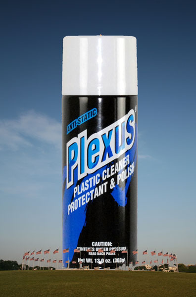 Large bottle of Plexus plastic cleaner inside circle of American flags