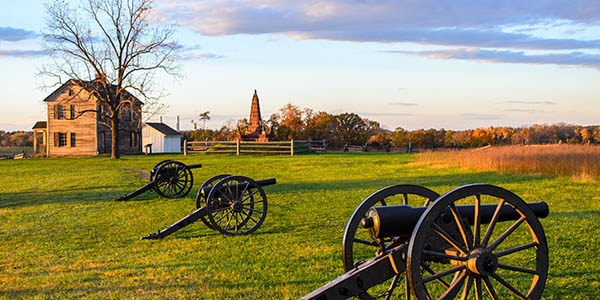 Three cannons on a lush grass lawn point toward a golden field.