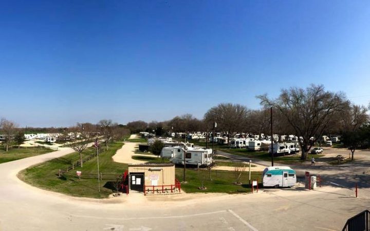 Aerial view of RV park with blue skies