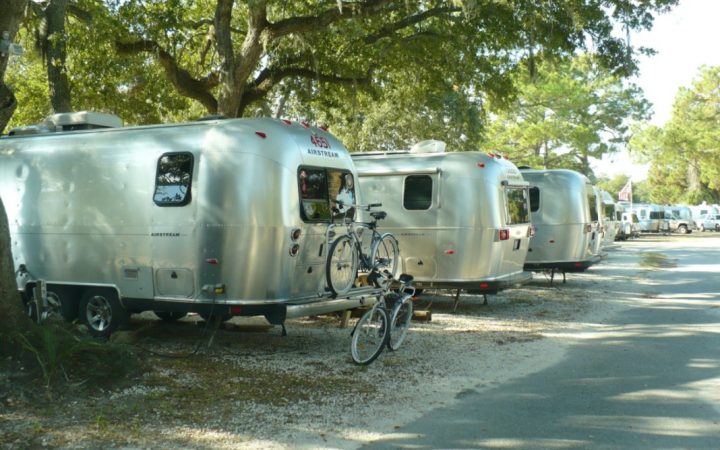 River's End Campground - Airstream Row in shade with bikes