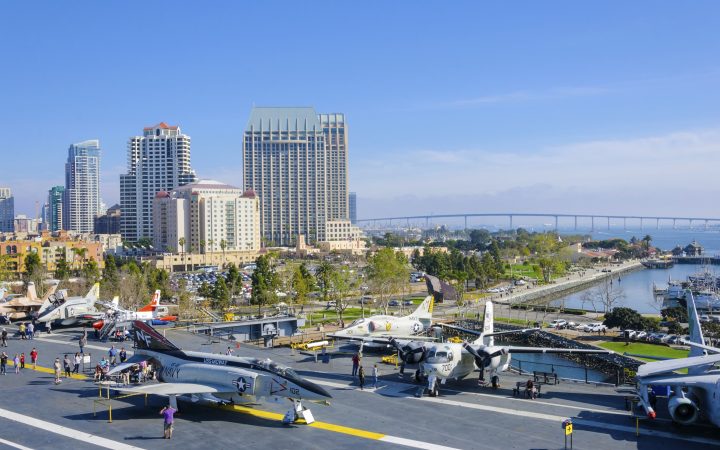 USS Midway Museum moored in Broadway Pier in Downtown San Diego Southern California