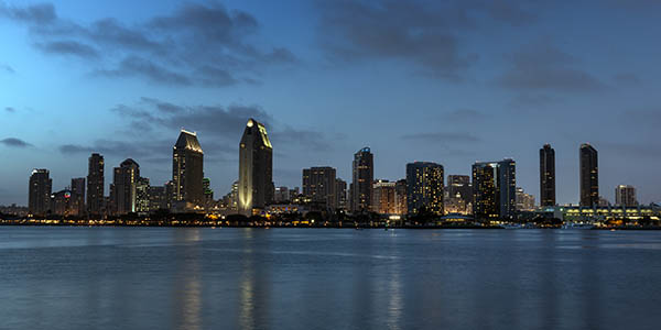 Dusk view of San Diego Skyline and ocean