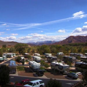 Aerial photo of RVs parked at Zion River Resort RV Park