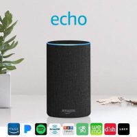 Original amazon echo speaker sitting on countertop