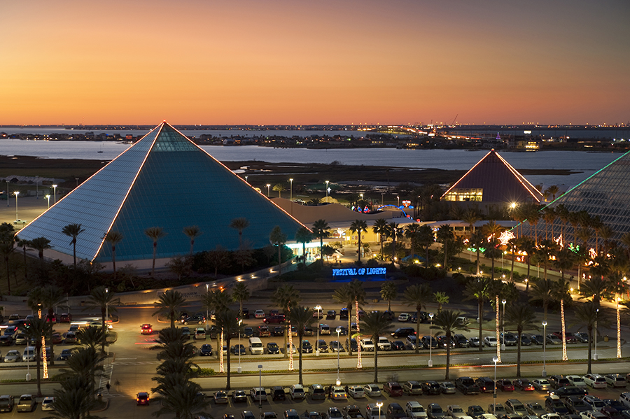 View of the three illuminated pyramids of Galveston's Moody Gardens.