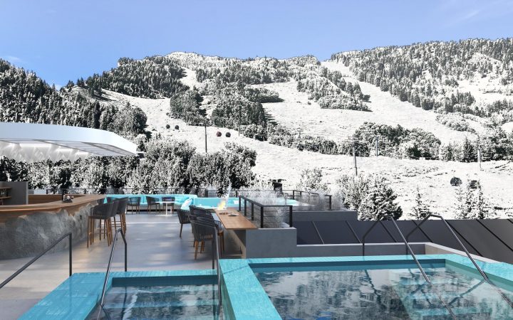 Rendering of pool at resort on snowy mountainside