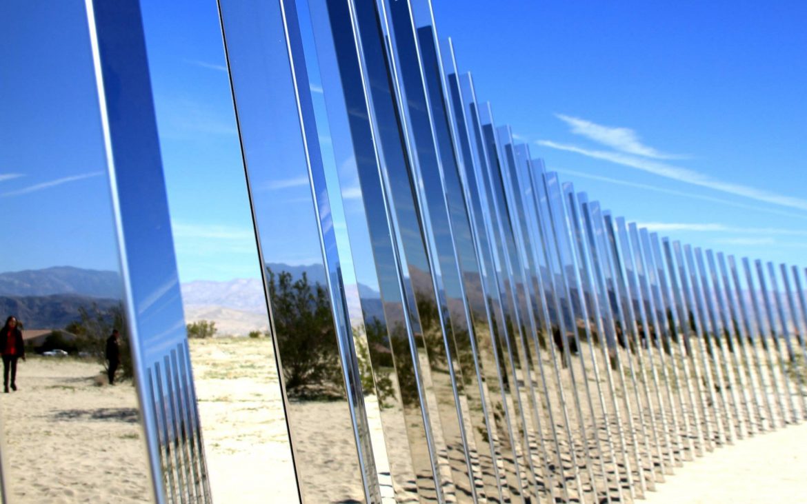 Art instillation consisting of geometric mirrored reflectors in Palm Desert California.