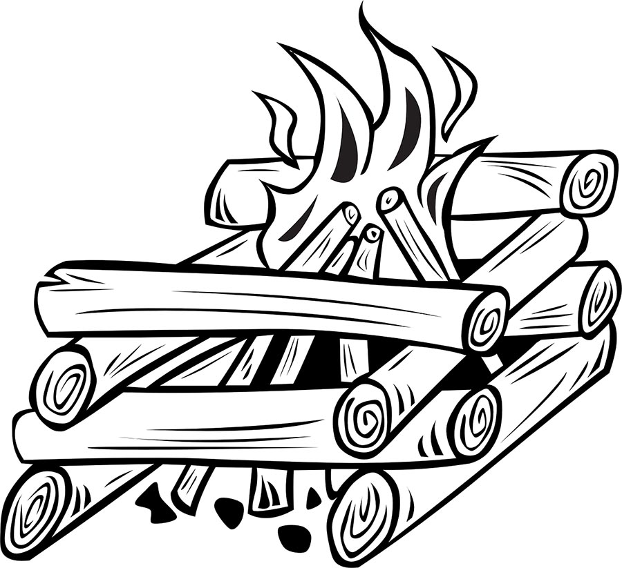 A cartoon rendering of a log cabin fire.