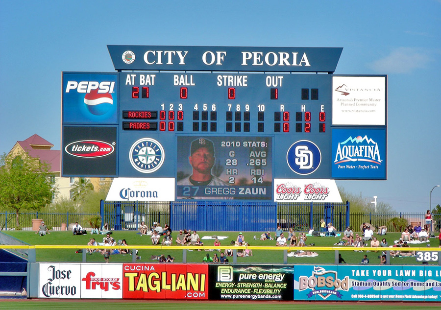 The state-of-the-art scoreboard in the Peoria Sports Complex.