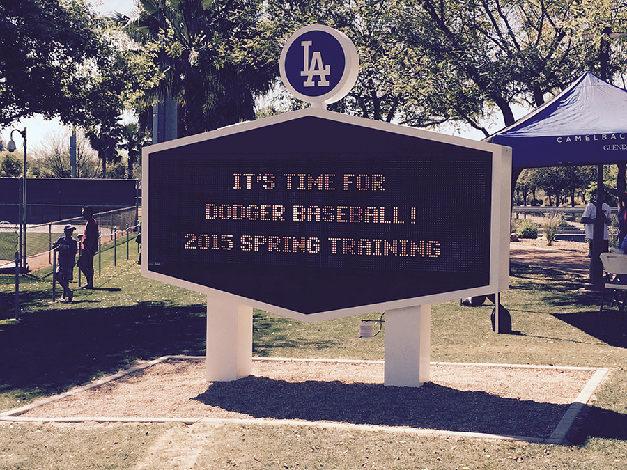 The DodgerVision scoreboard is a landmark in Camelback Ranch.
