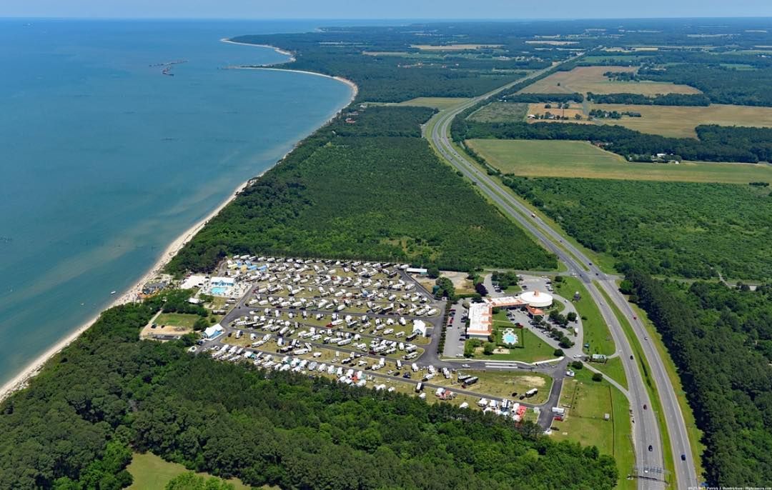 Aerial view of virginia campground with water surrounding it