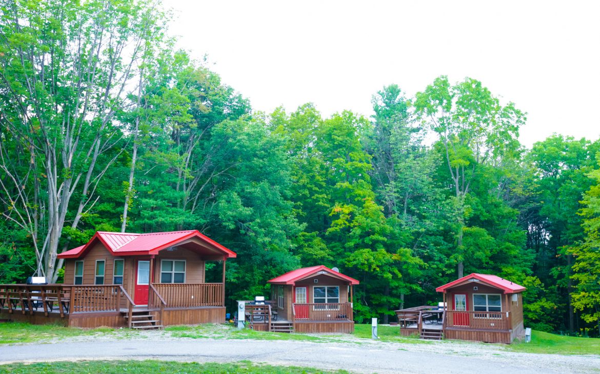 Red camping cabins amid woods