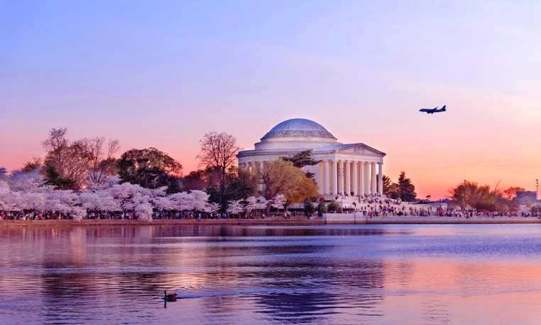 National Cherry Blossom Festival in Washington DC, sunset view of the Jefferson Memorial