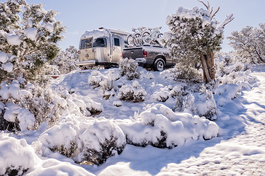 Snow covers the Currens' Airstream trailer at Navajo National Monument.