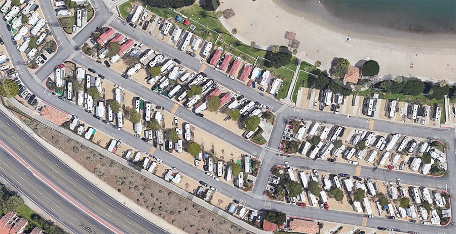 Aerial view of an oceanside RV park.