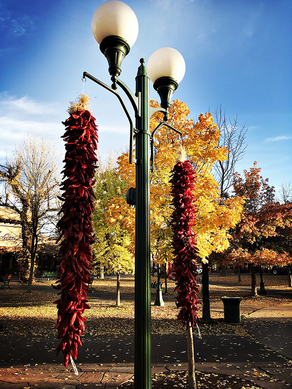 Peppers draped over a lamppost. 