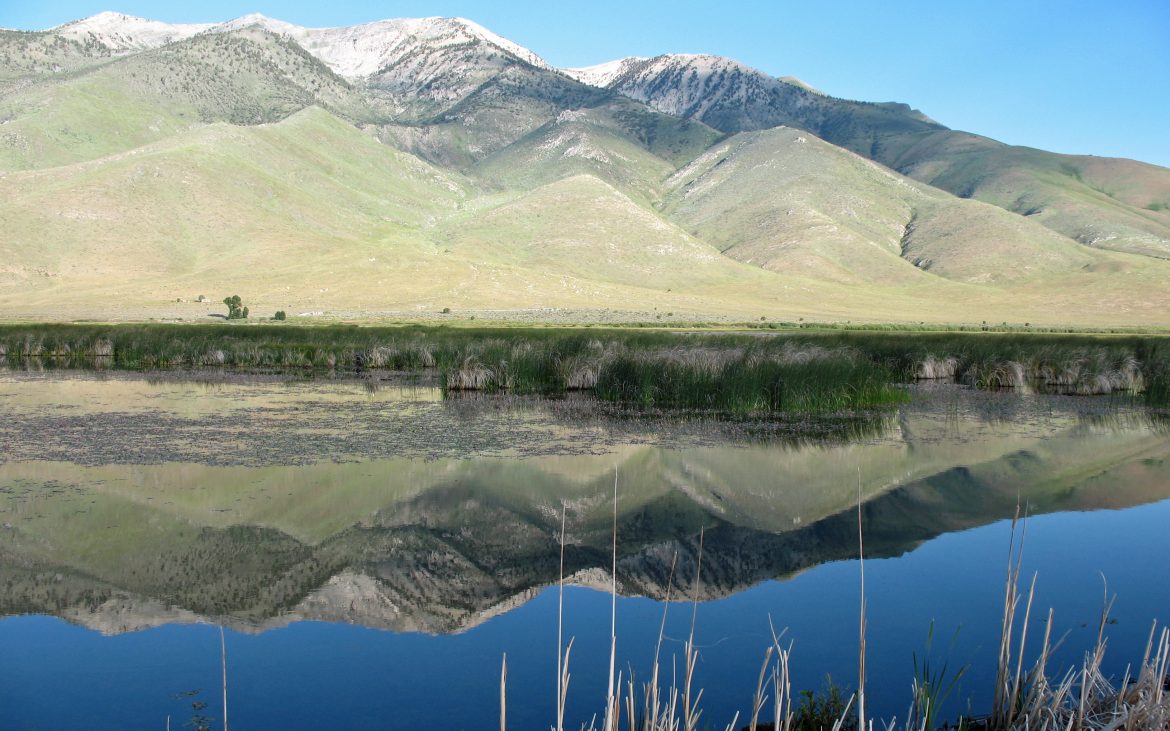 Grassy mountain range reflecting majestically on calm lake