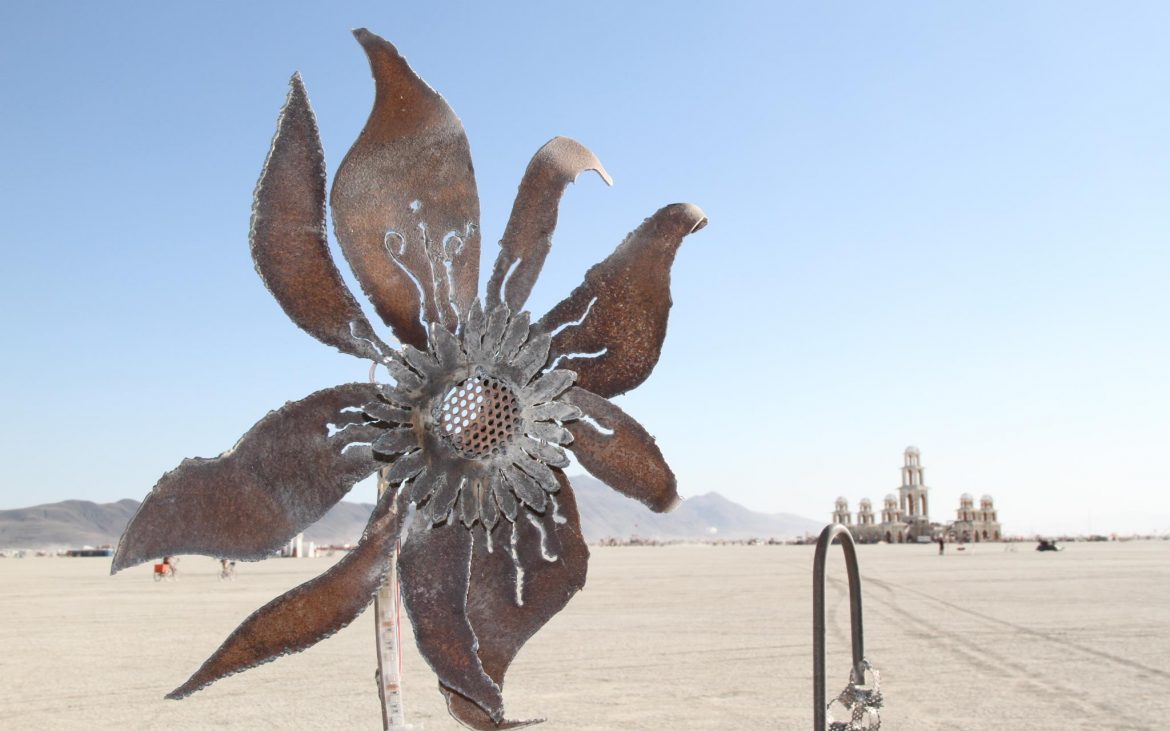 Metal sunflower art installation in the Nevada desert