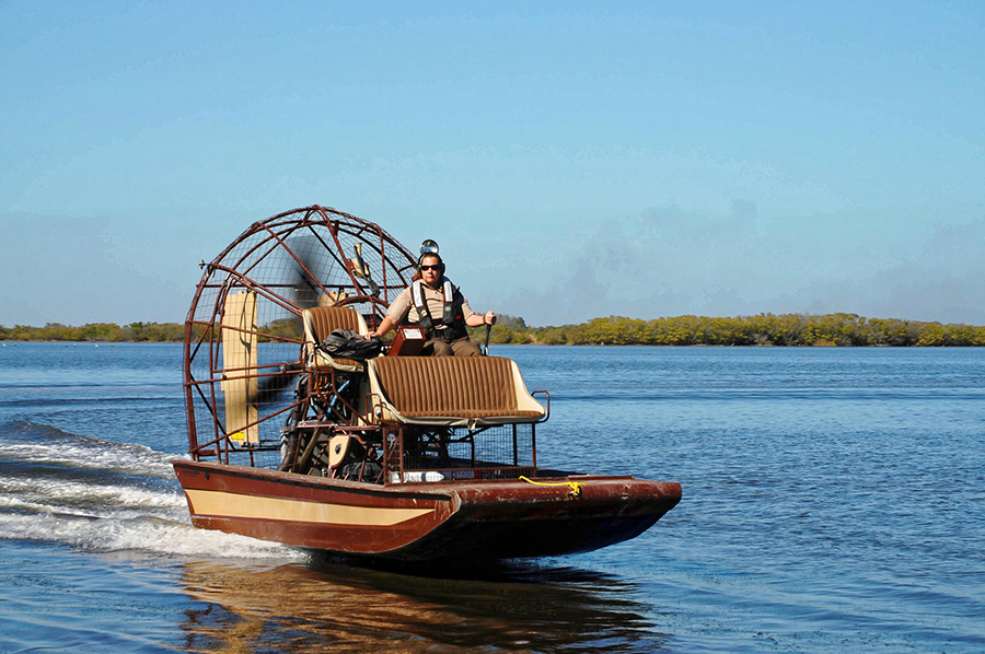 A man pilots an airboat in the Everglades.