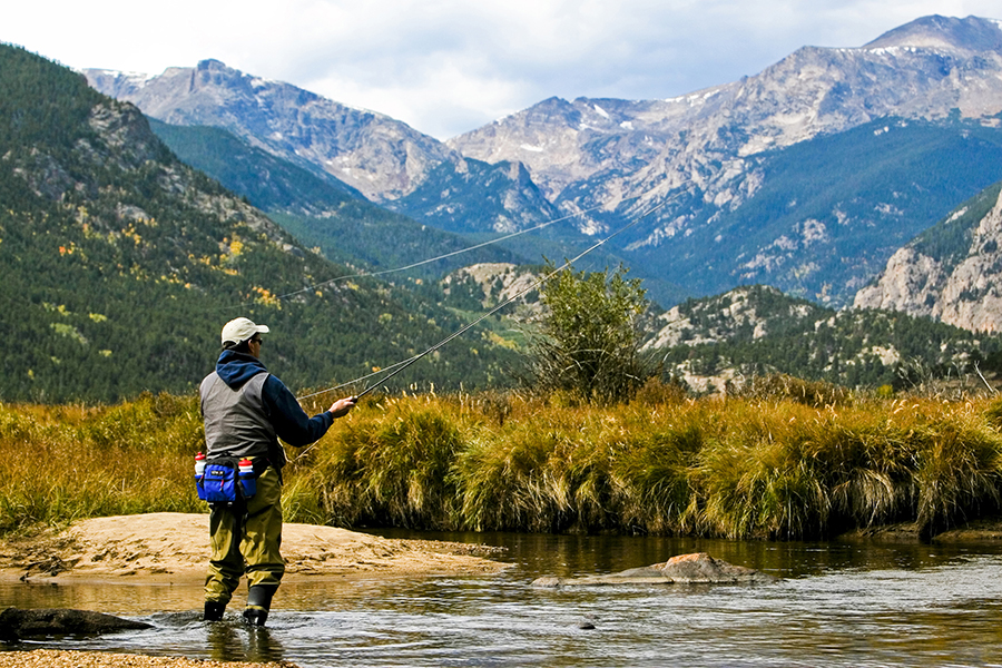 An angler casts a line in a stream in the Rocky Mountains.
