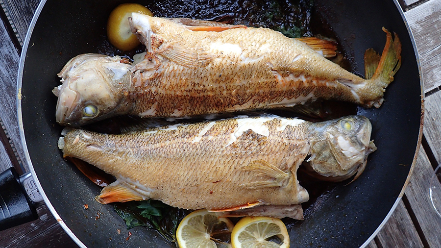 A pair of fish sizzle on the flying pan.