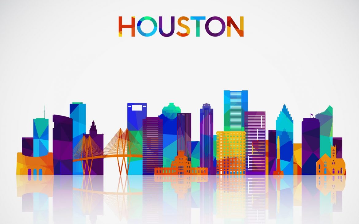 Houston skyline silhouette in colorful geometric style.