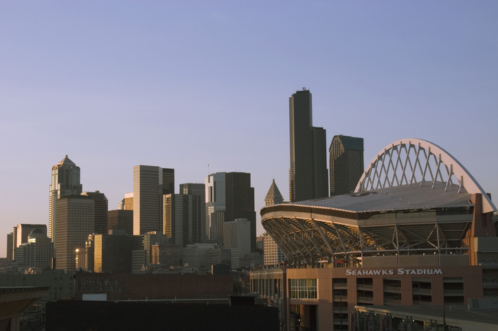 Seattle Cityscape With Seahawks Stadium At Sunset