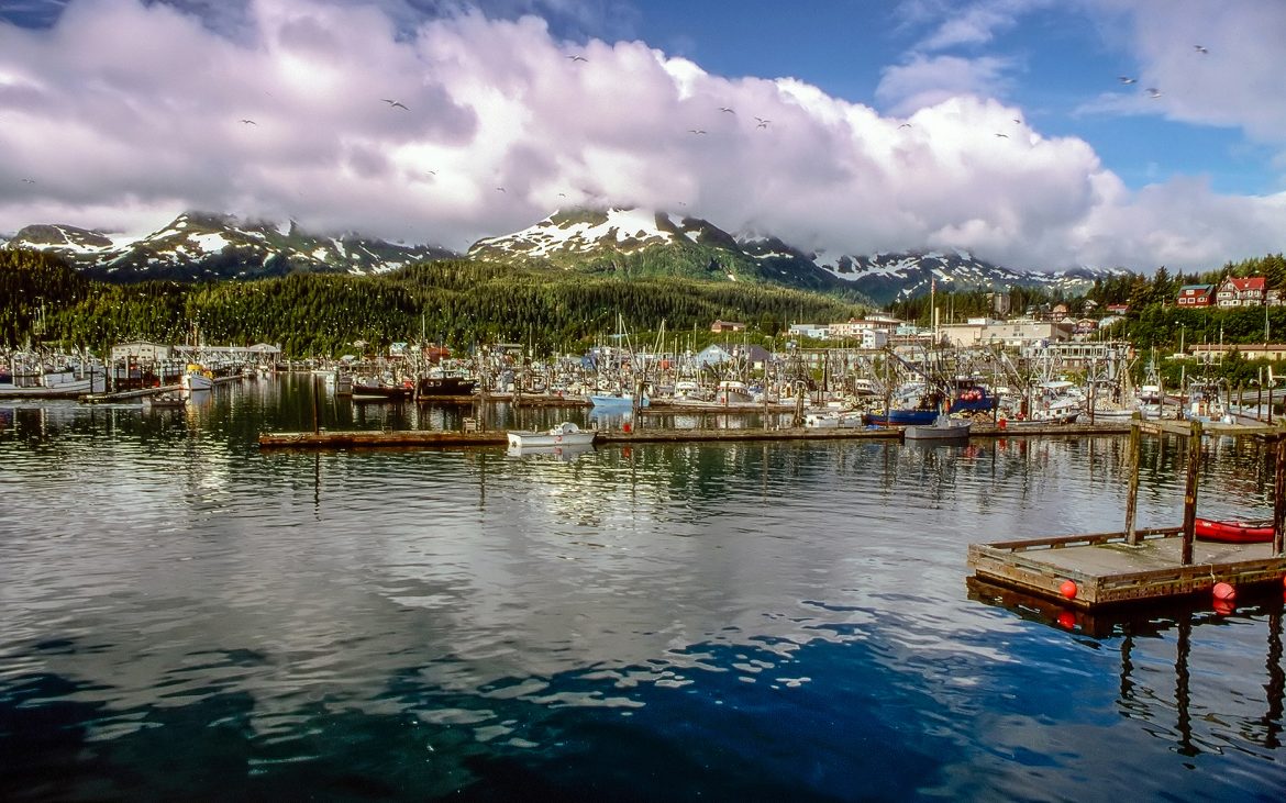 Coastal town water and boats in Alaska