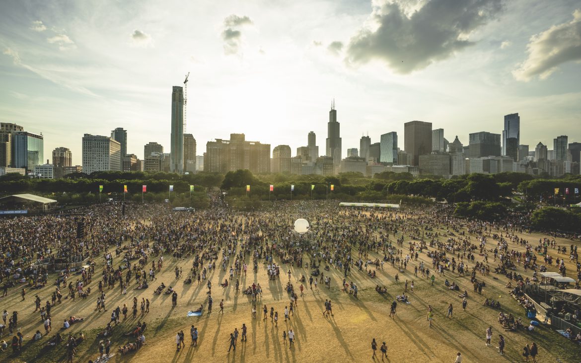 Aerial view of Grant Park in Chicago, people at festival