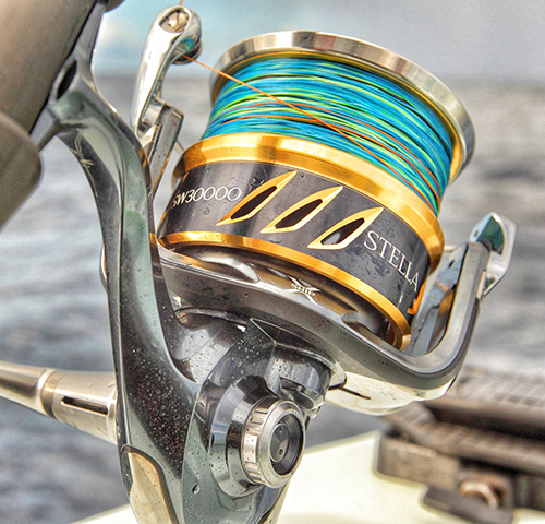 A spinner reel with brightly colored line.