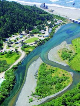Aerial view of river and campground