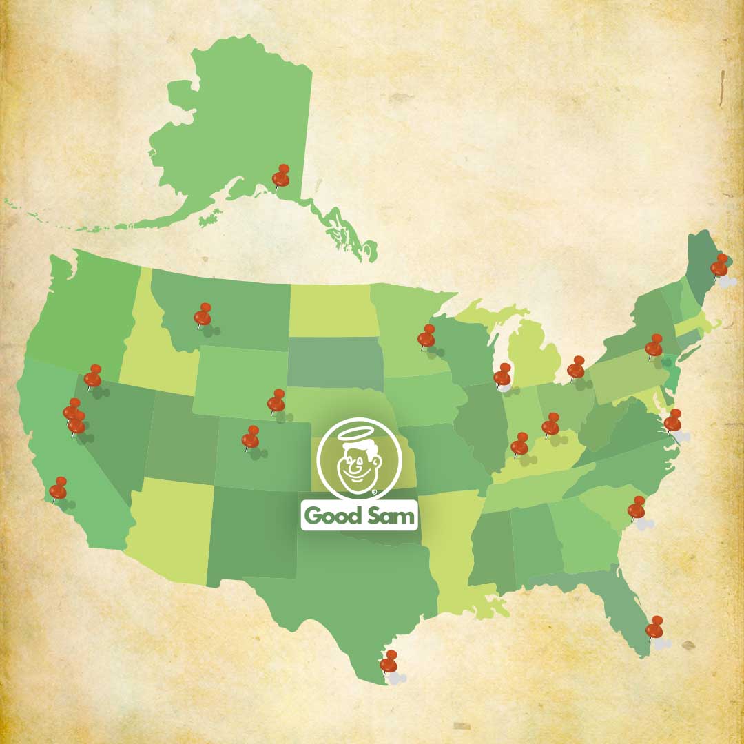Green USA map with red location pins