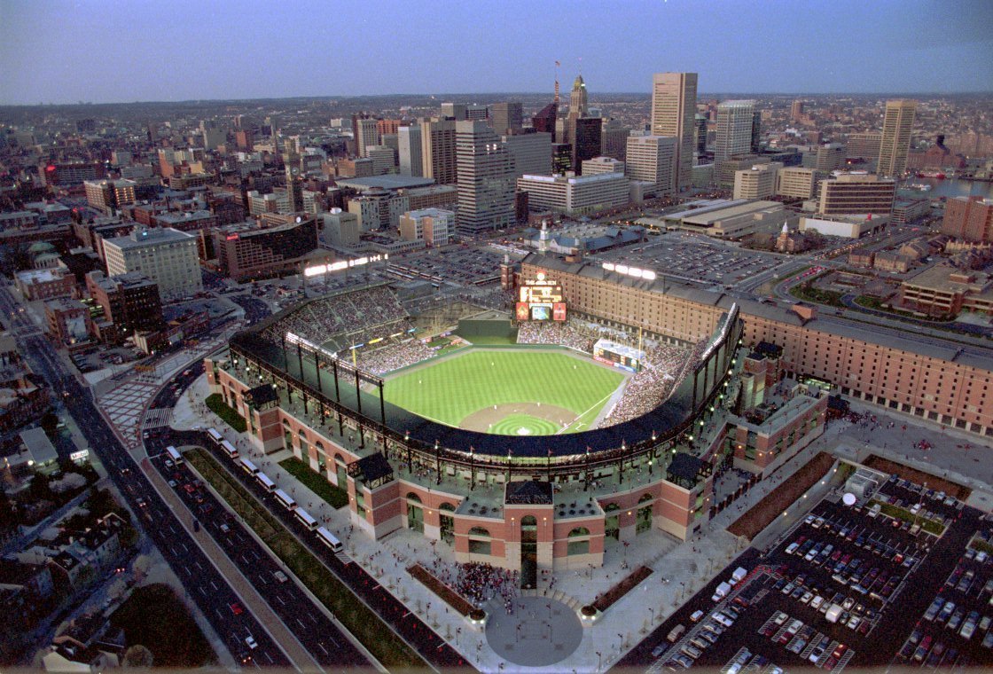 Aerial twilight view of Camden Yards Baseball stadium