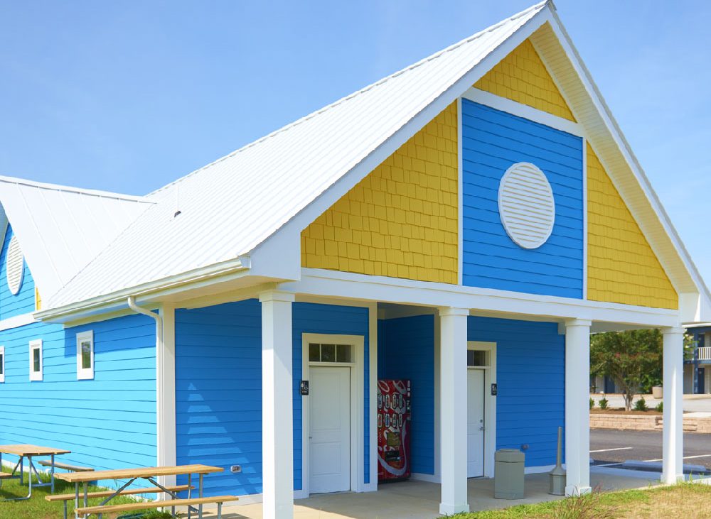 Bright yellow and blue bathhouse
