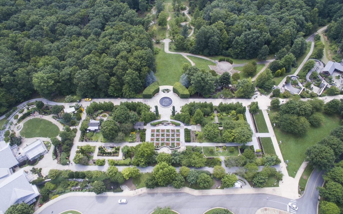 Ariel view of lush gardens, trees and walkways in Ashville