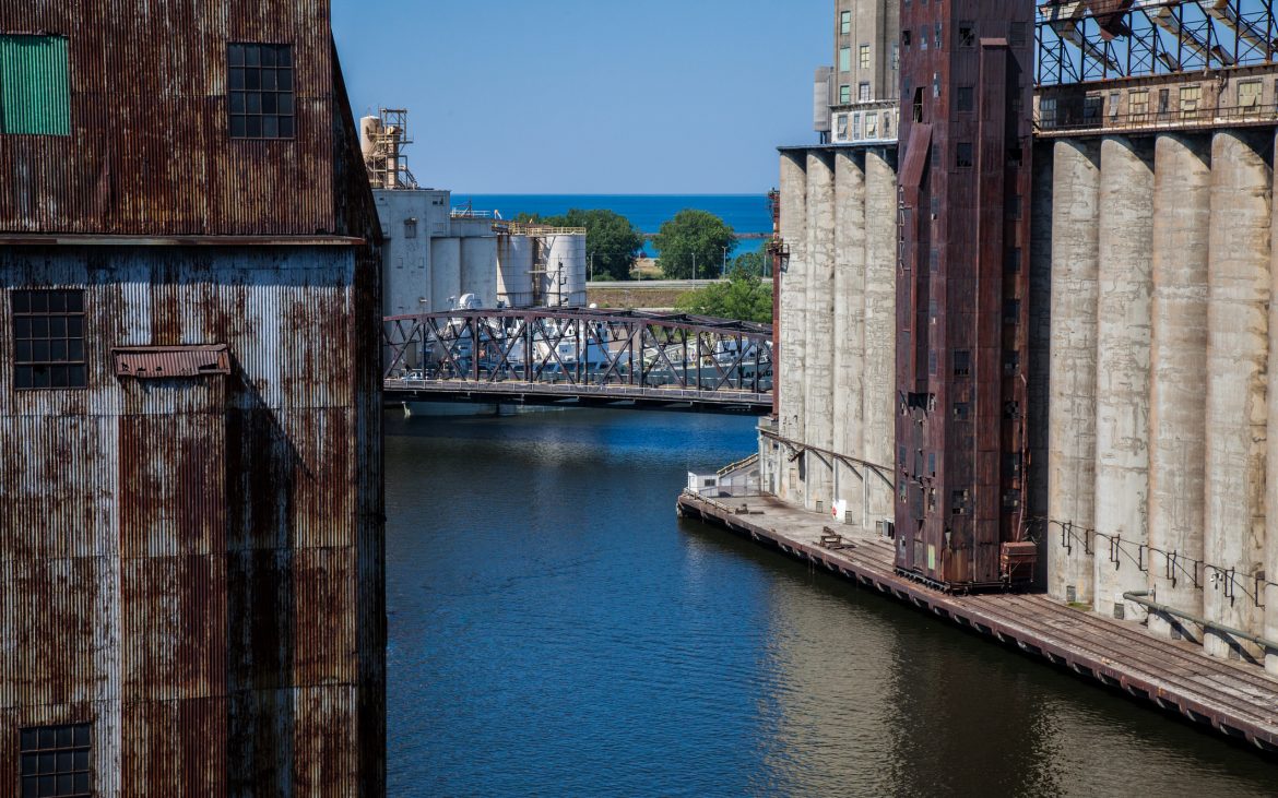 A view of a grain elevator and the shipping canal in Buffalo NY