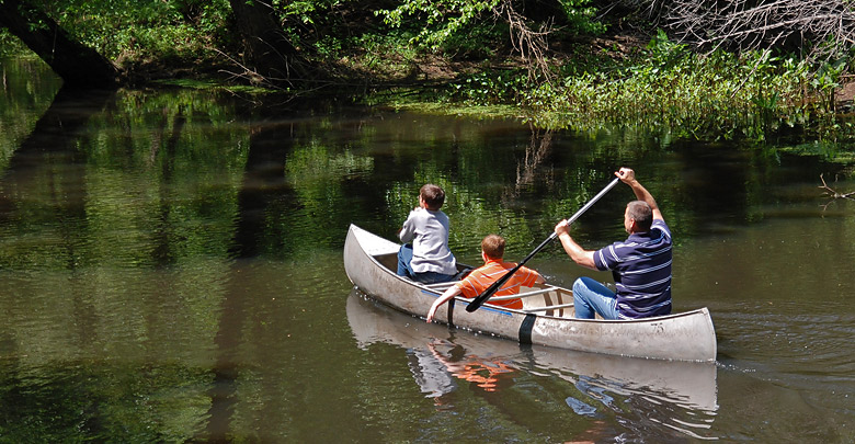 Family kayaking down river
