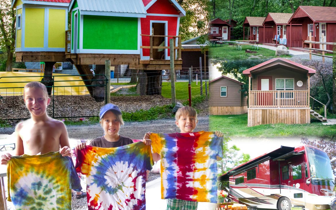 Multiple activities and children holding up tie-die shirts