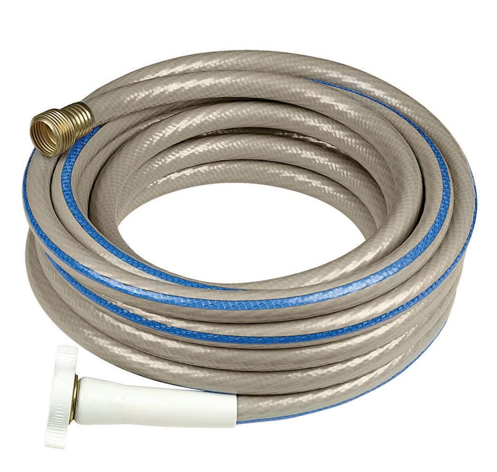 A water hose coiled and ready for use. 