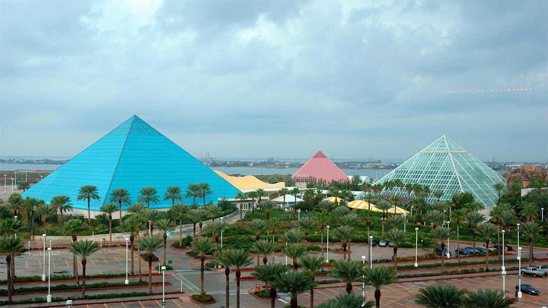 Colorful pyramids dominate the skyline in Galveston, Texas.