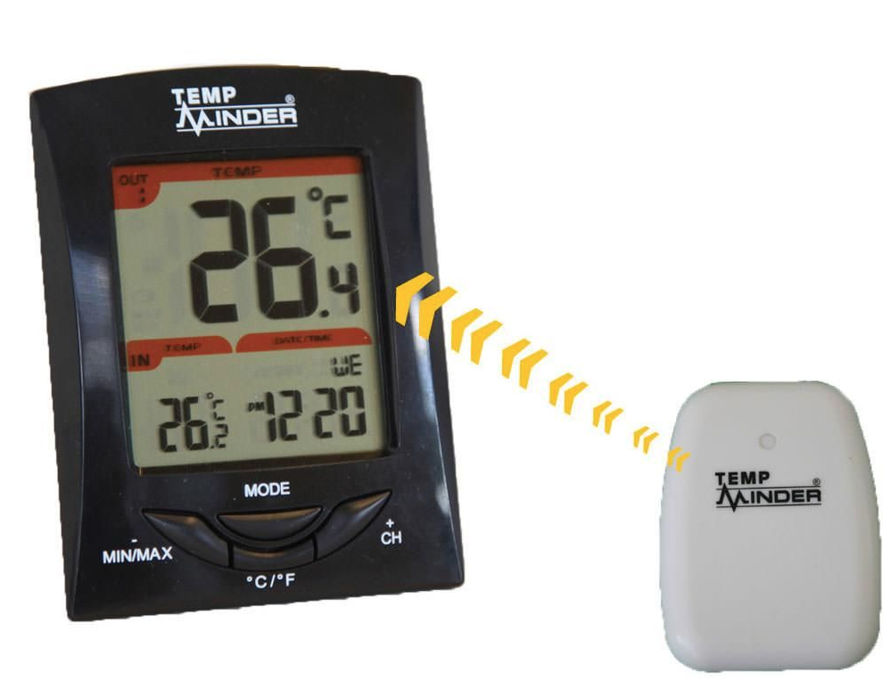 A photo illustrations showing how the TempMinder Three-Station Wireless Thermometer and Clock connects wirelessly.