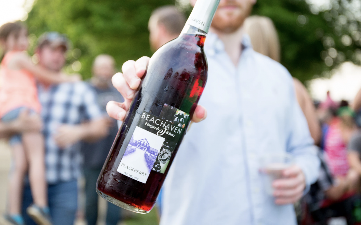 Man holding bottle of red wine towards camera outside