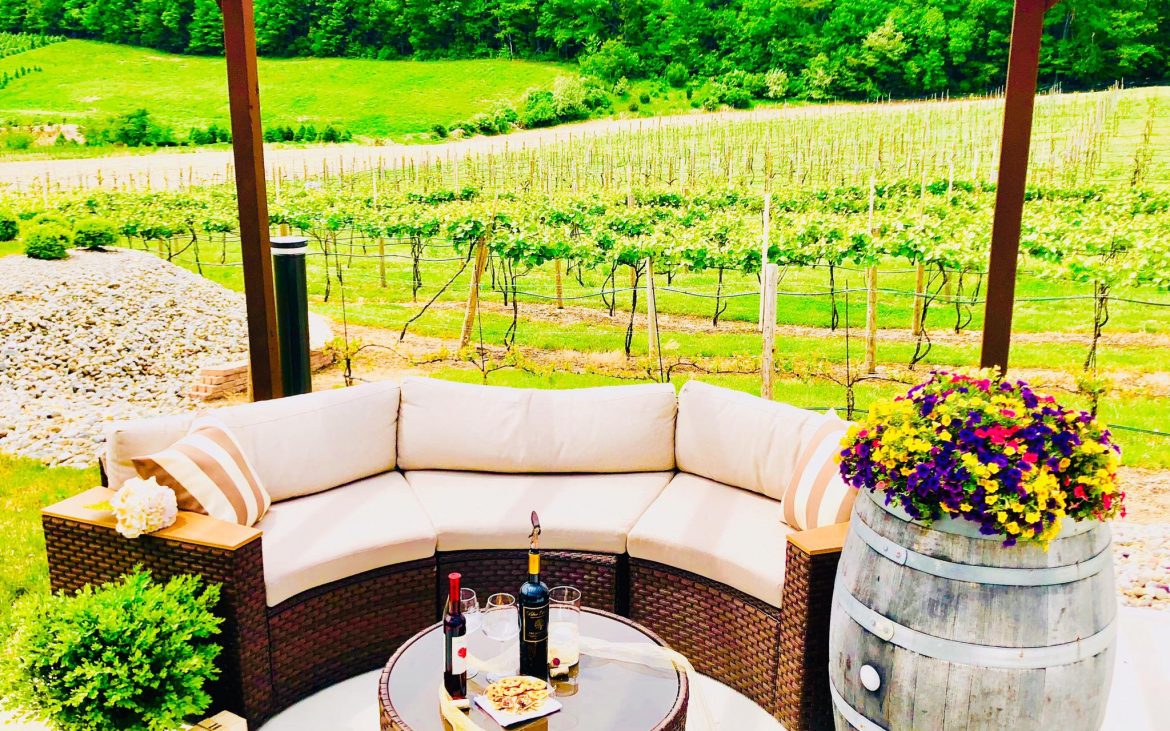 Outdoor patio with couch and table holding wine among vineyards