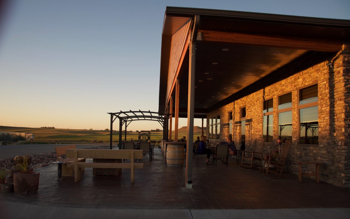Wooden building and outdoor seating at vineyard