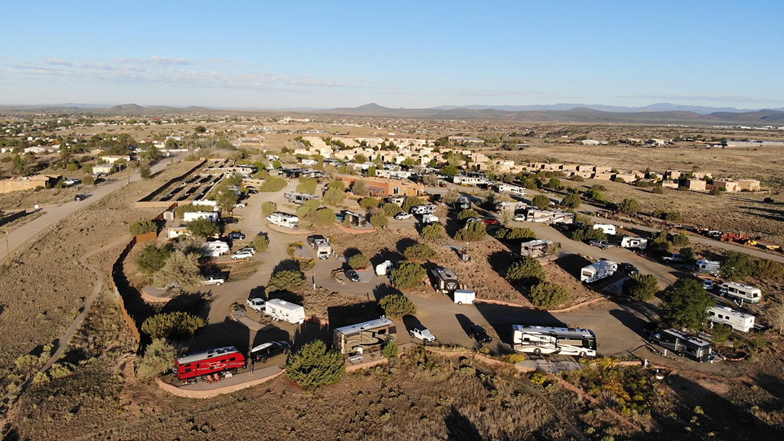 Aerial drone shot fo Santa Fe Skies RV Park. 