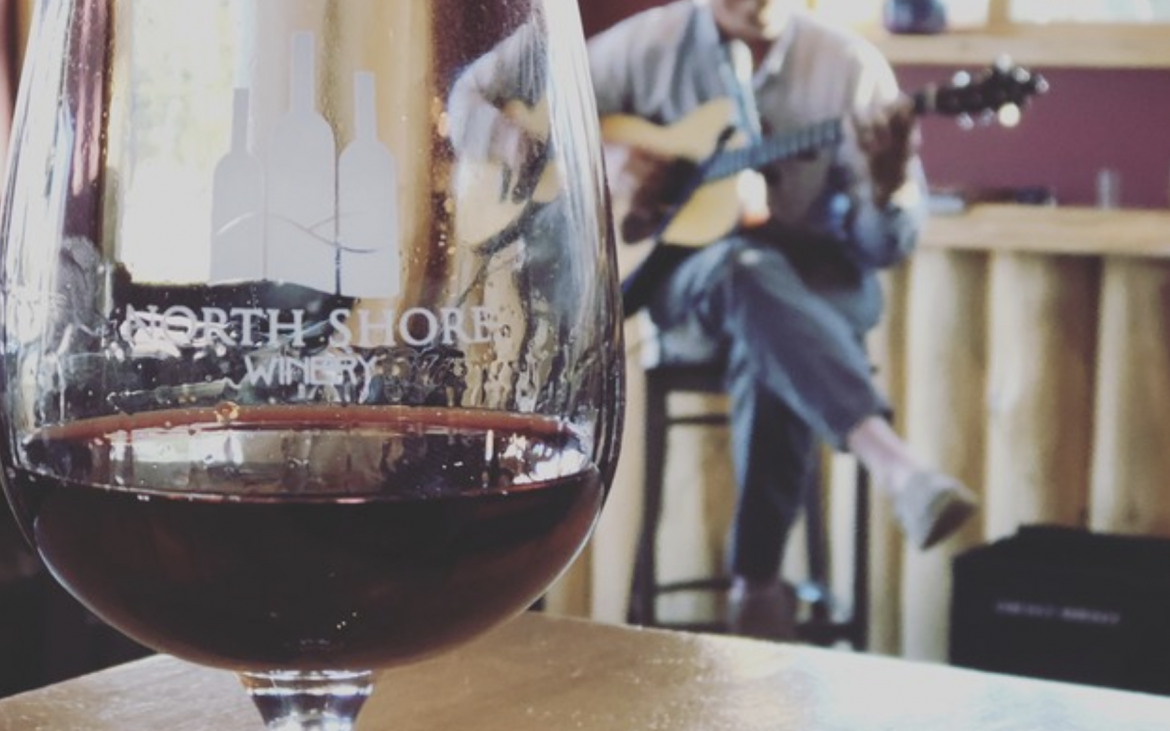 Close up of red wine in glass and man playing guitar in background