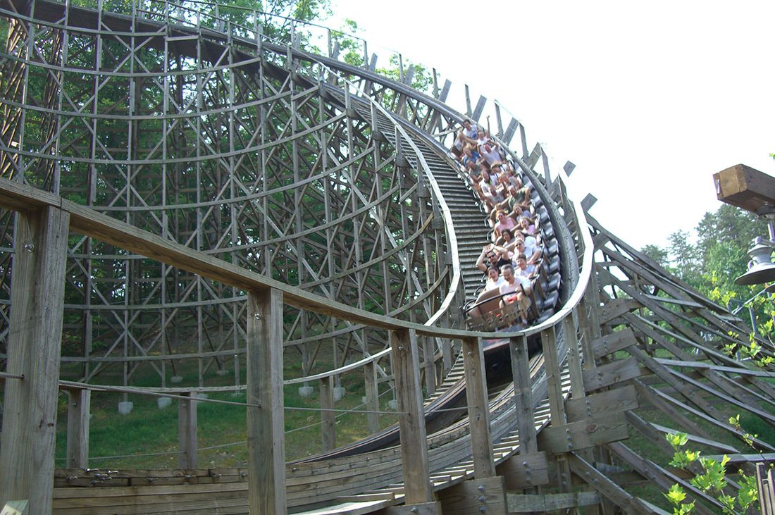 A rollercoaster takes a sharp turn in Dollywood.