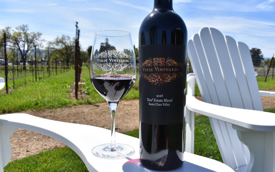 Glass of red wine with bottle on arm of chair outside at vineyard