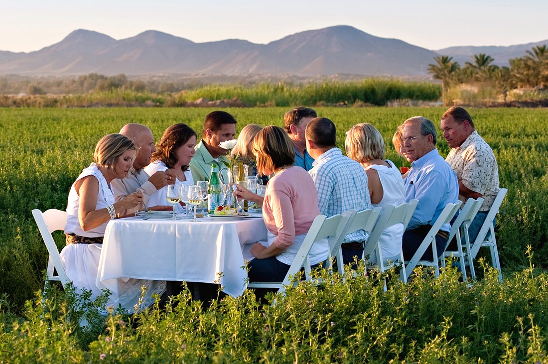 A group sits at a table in the middle of a field growing crops.